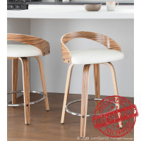 Lumisource B24-GROTTOR ZBW2 Grotto Mid-Century Modern Counter Stool with Swivel in Zebra Wood and White Faux Leather - Set of 2